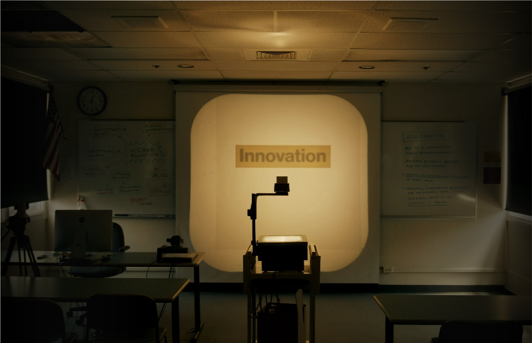 A classroom projector screen with the word Innovation on it