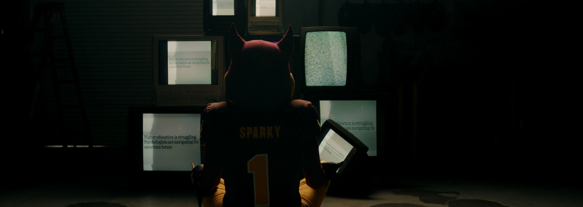 Sparky in front of televisions